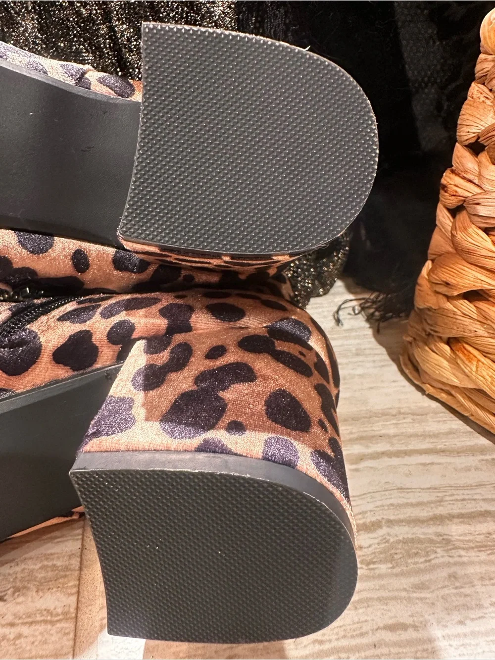 a new day Leopard Print Block Heel Ankle Boots in Tan and Black